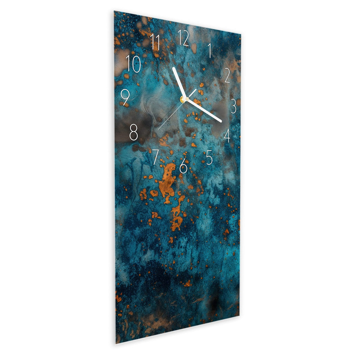 Wanduhr aus Glas im Hochformat Kupferpatina schräg von der Seite, 4 mm starkes Glas