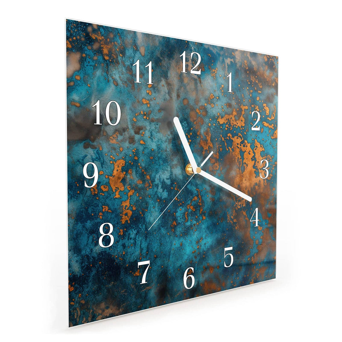 Quadratische Wanduhr aus Glas Kupferpatina schräg von der Seite, 4 mm starkes Glas