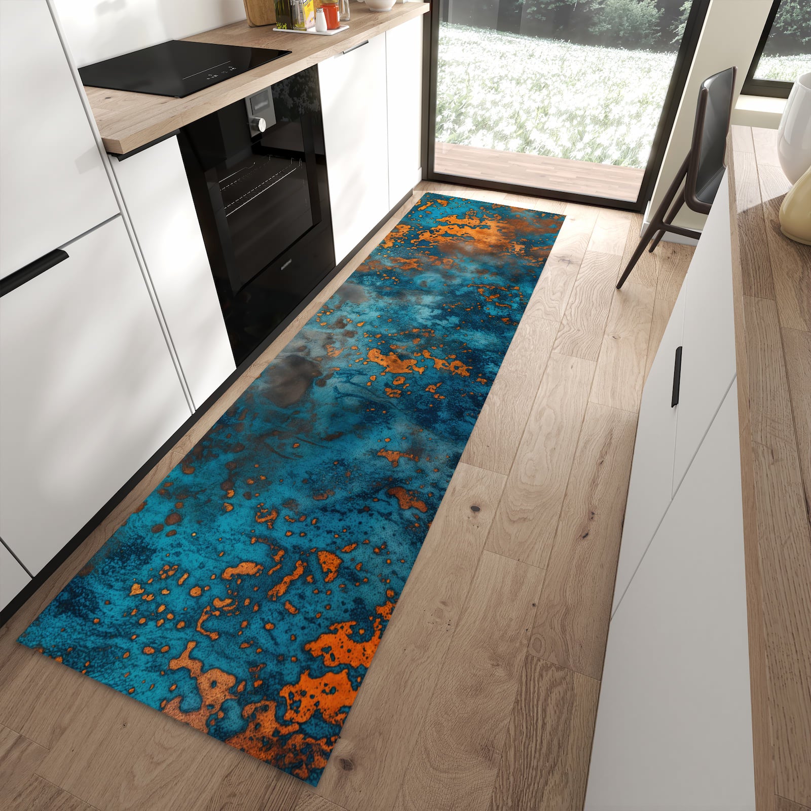 Ordnungsschaffender Küchenläufer mit Motiv Blaue Maserung in moderner Küche