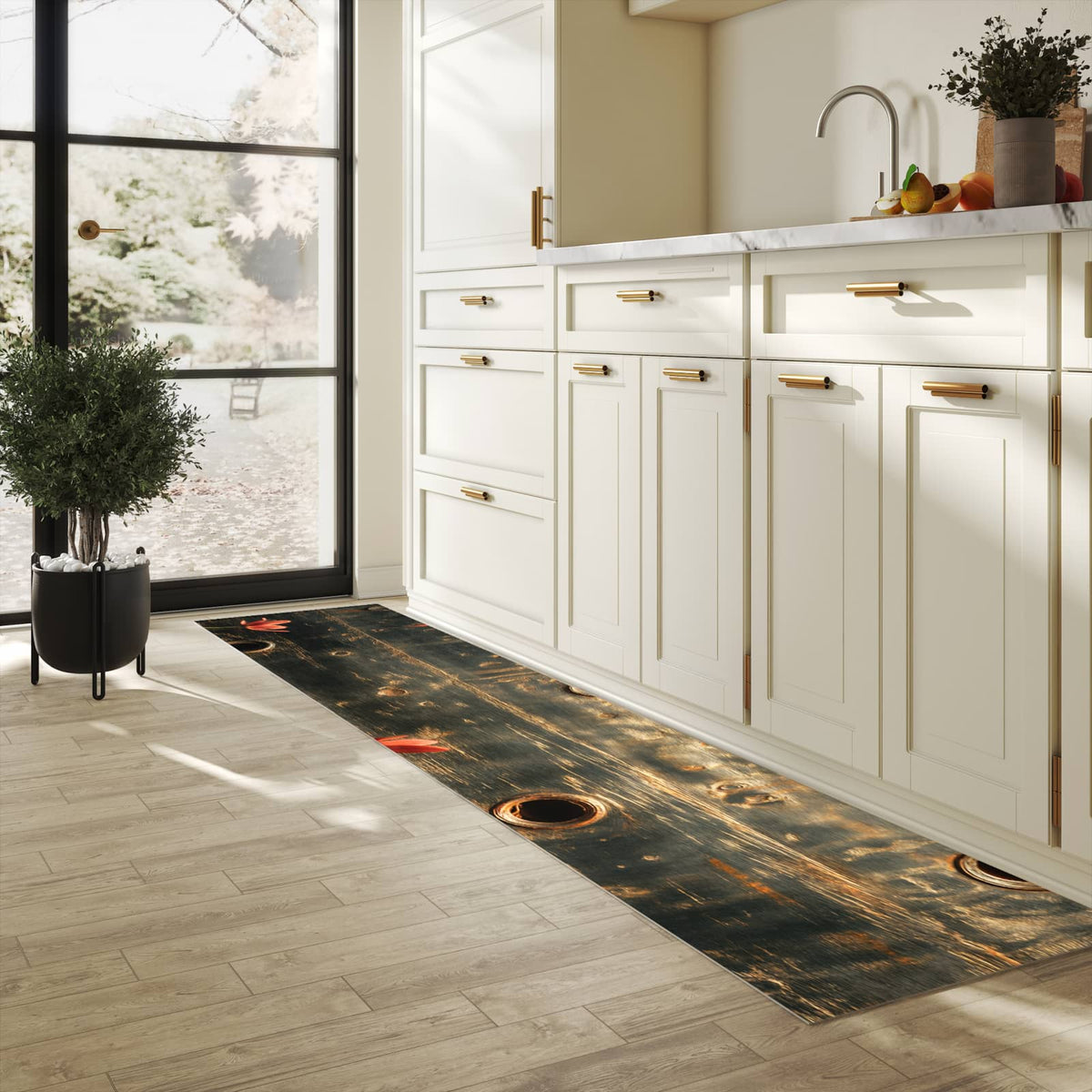 Langlebiger Küchenteppich mit Motiv Metallplatte Vintage in heller Küche