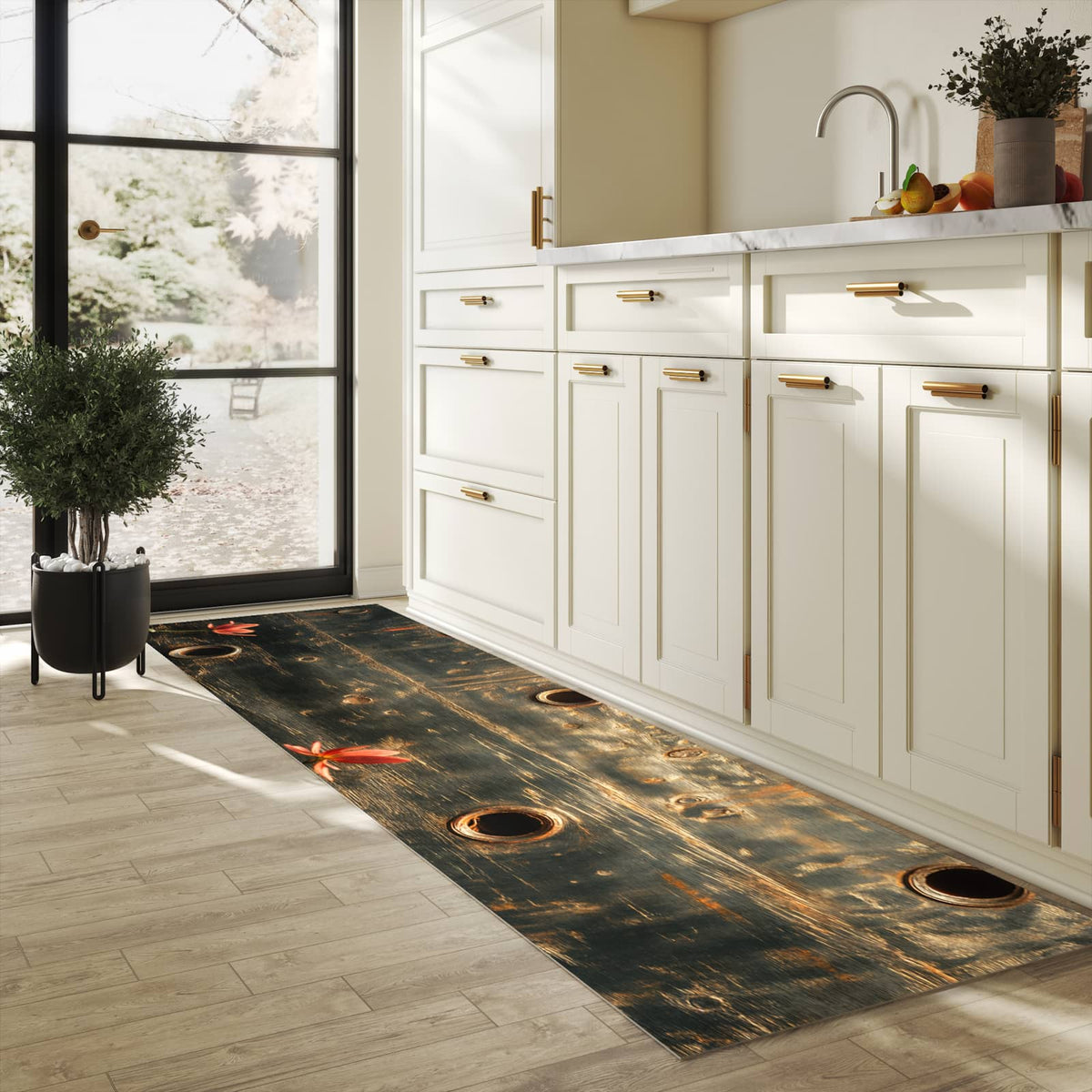 Bodenschonender waschbarer Küchenteppich mit Motiv Metallplatte Vintage in heller Küche