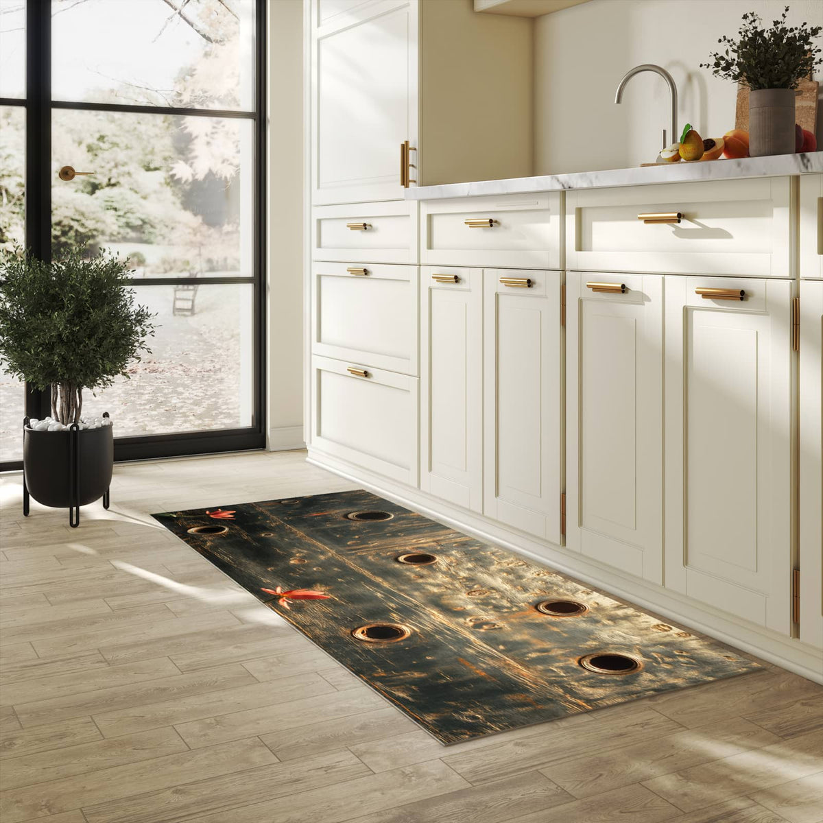 Feuchtigkeitsresistenter Küchenteppich mit Motiv Metallplatte Vintage in heller Küche