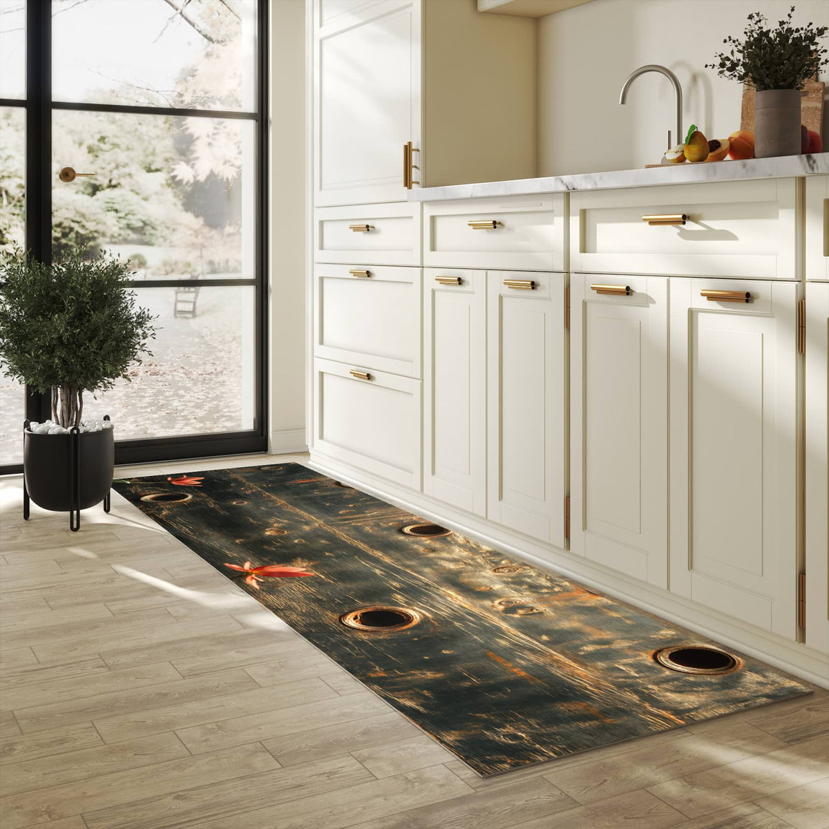 Küchenteppich mit Motiv Metallplatte Vintage für Ordnung in heller Küche