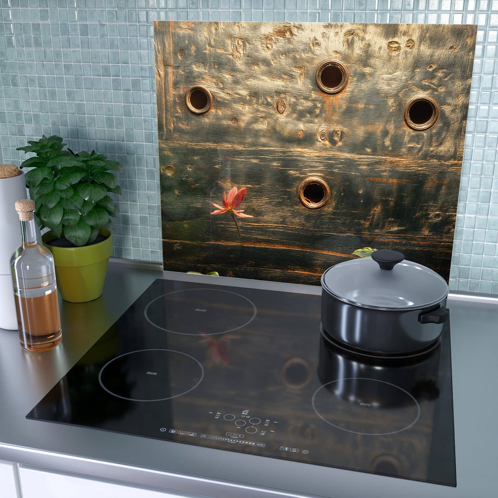 1-teilige Herdabdeckplatte mit Metallplatte Vintage-Motiv als Spritzschutz hinter dem Kochfeld