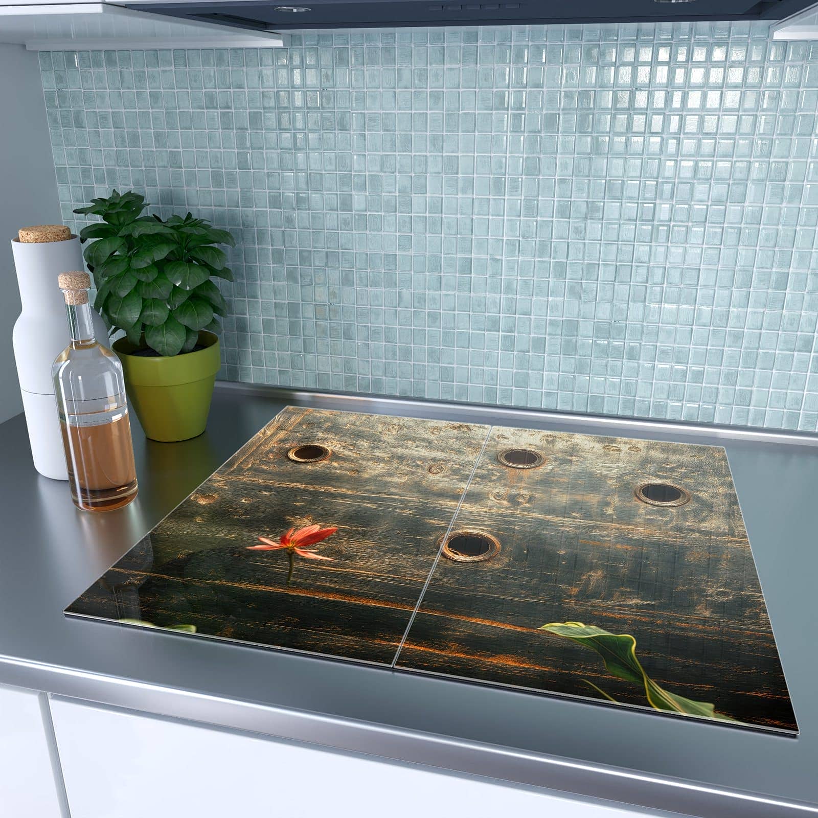 2-teilige Abdeckplatten für Ceranfeld mit Metallplatte Vintage-Motiv auf dem Ceranfeld