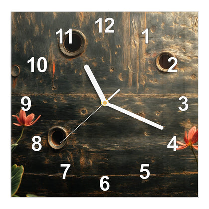 Wanduhr Quadratisch mit dem Motiv Rote Blüten am Metall