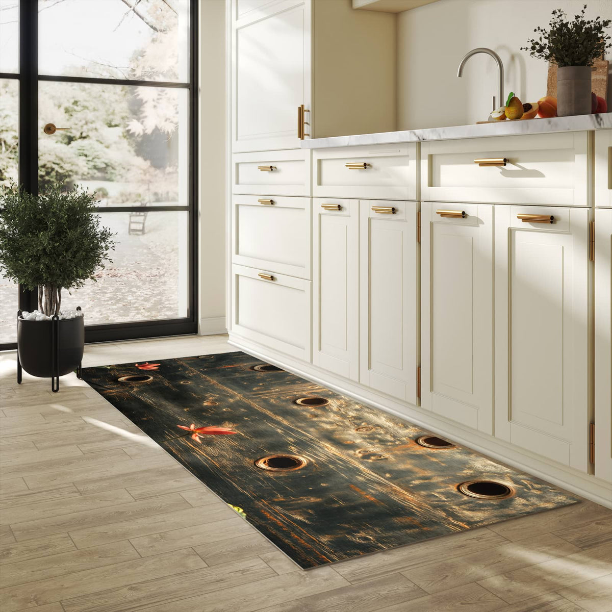 Formstabiler großer Küchenteppich mit Motiv Metallplatte Vintage in heller Küche