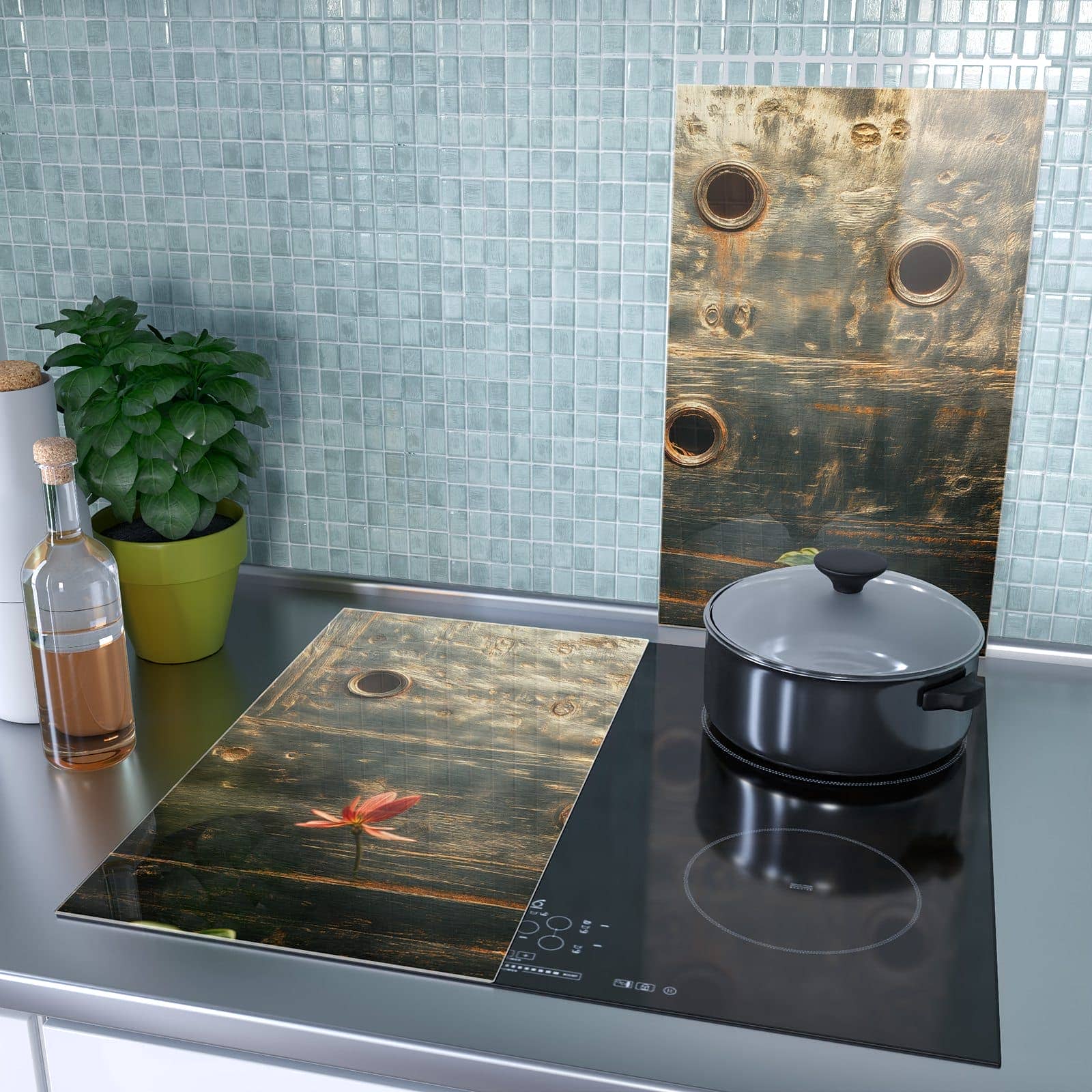 2-teilige Herdabdeckplatte aus Glas mit Metallplatte Vintage-Motiv als Spritzschutz hinter dem Kochfeld