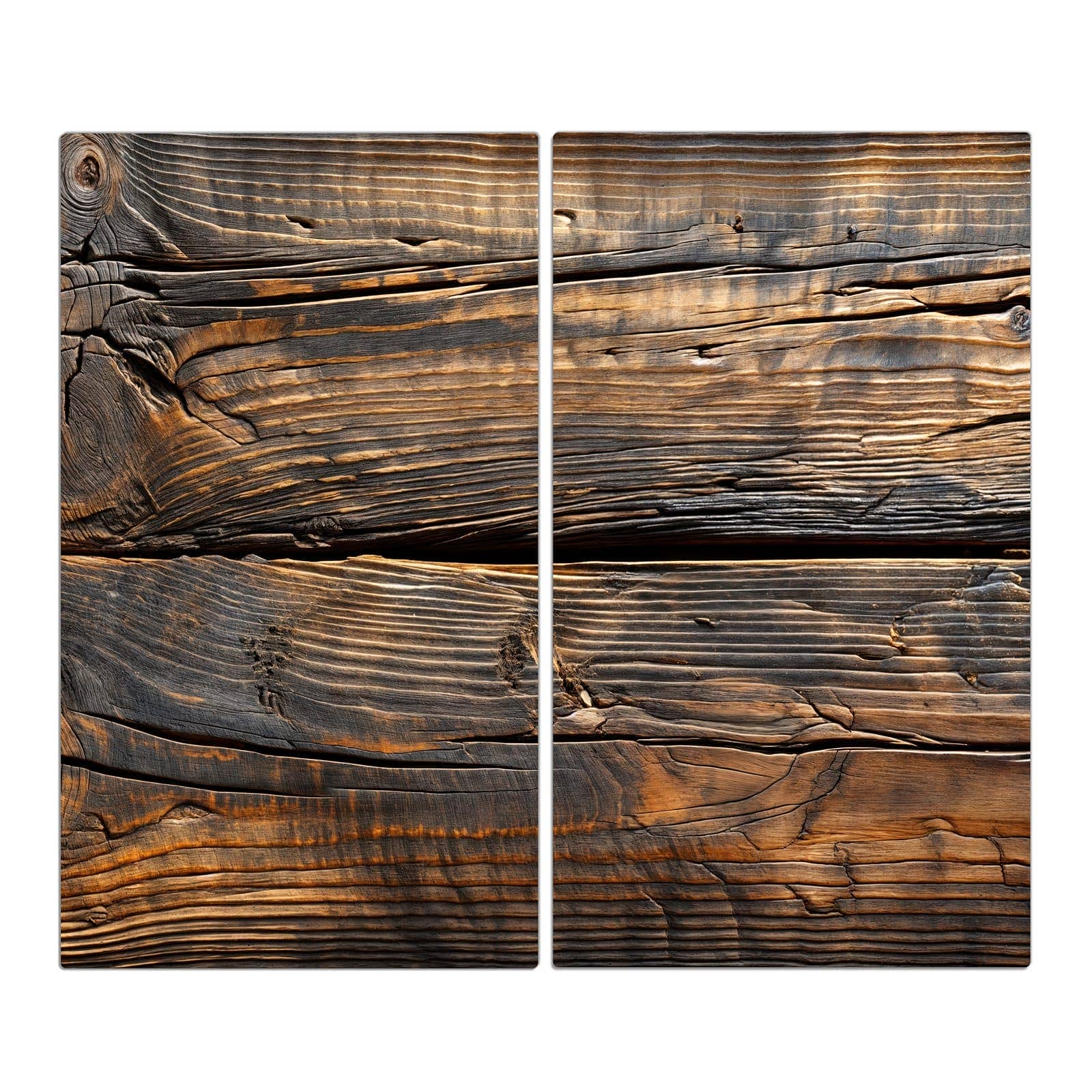 2-teilige Abdeckplatten für den Herd mit Holztextur Altholz-Motiv in der Frontansicht #grösse_2-Teilig (60x52cm)