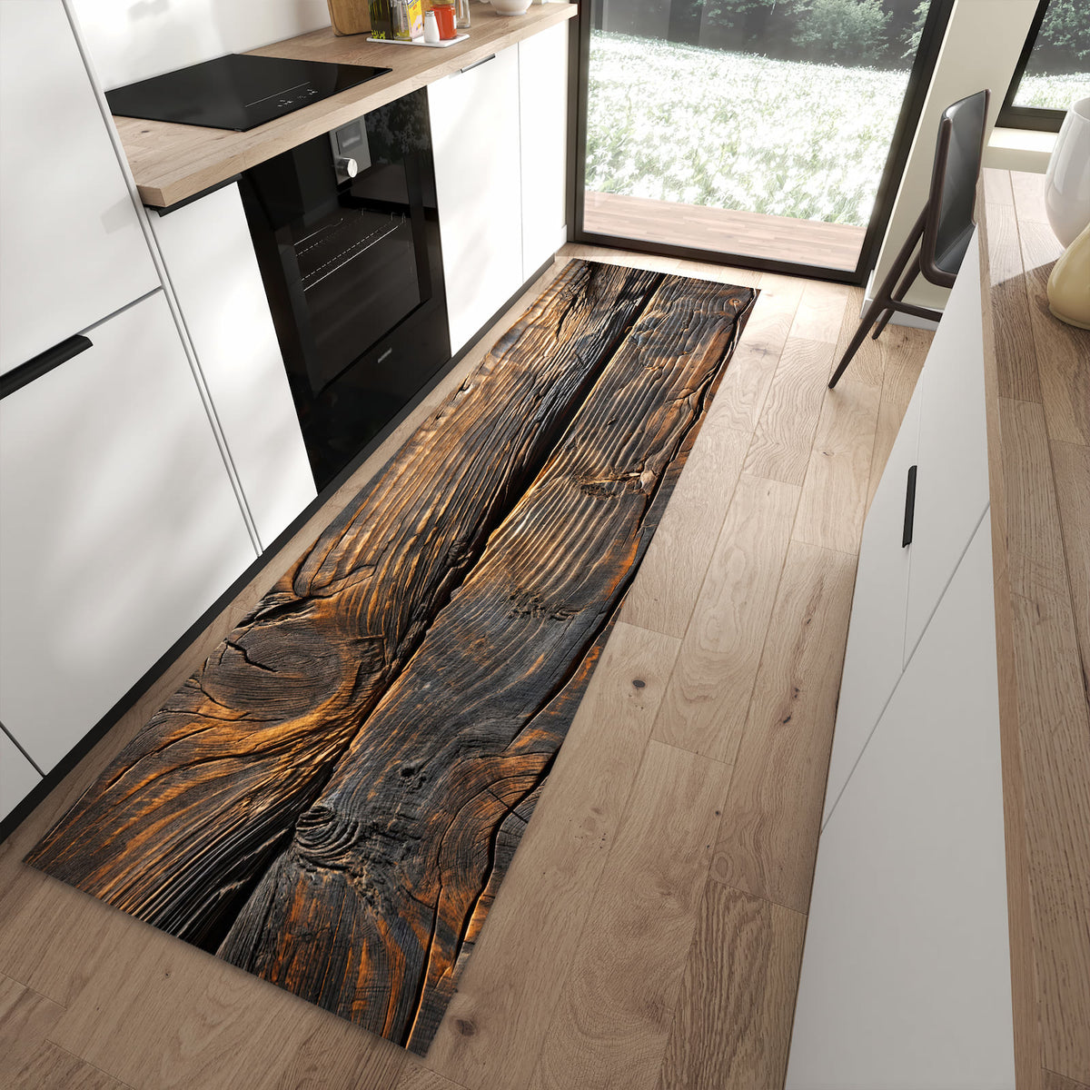 Komfortabler Küchenläufer mit Motiv Holztextur Altholz in moderner Küche