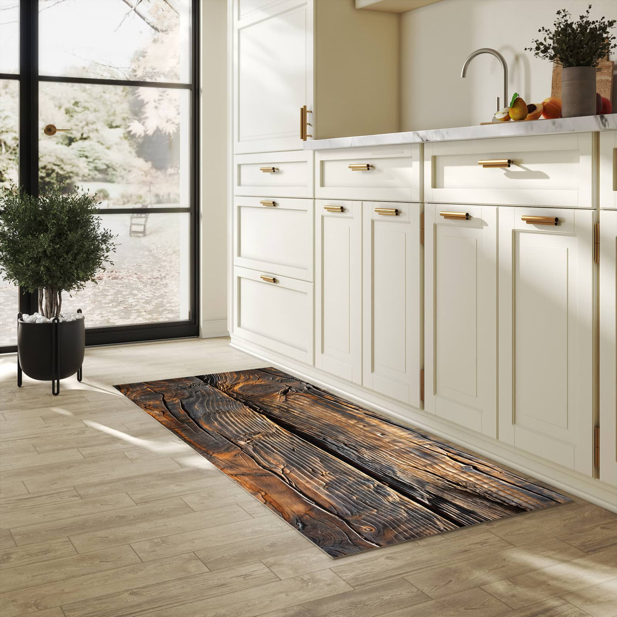 Geruchsneutraler langer Teppich mit Motiv Holztextur Altholz in heller Küche