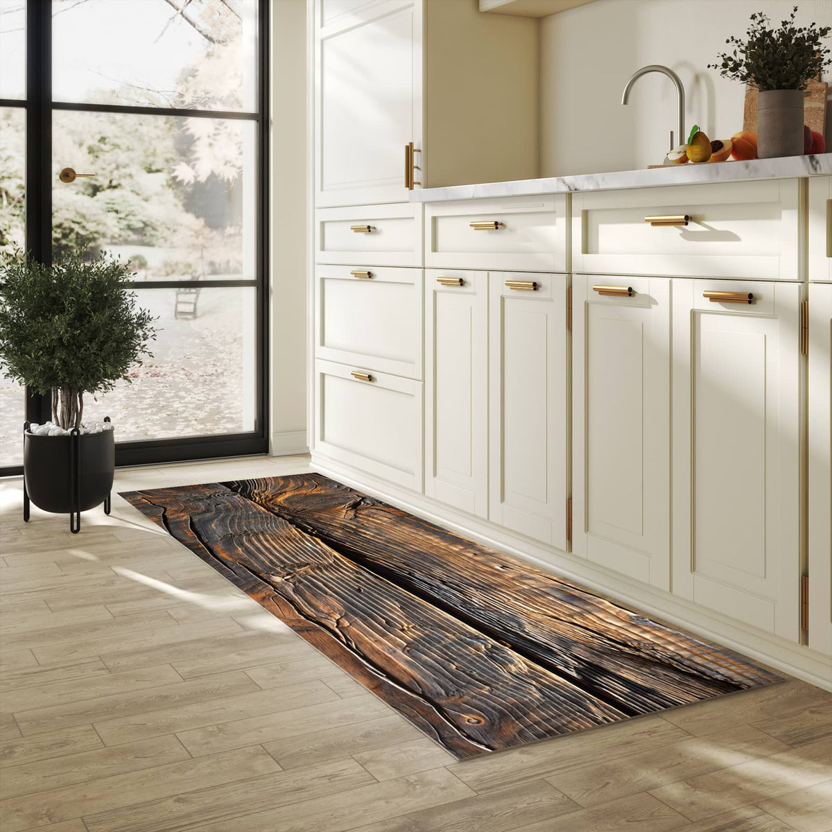Langlebiger Läufer mit Motiv Holztextur Altholz für Eingangsbereich in heller Küche