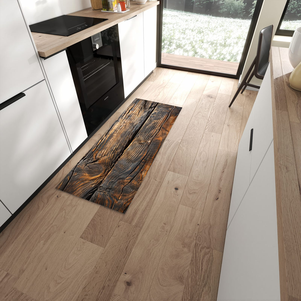 Komfortabler Küchenteppich mit Motiv Holztextur Altholz in moderner Küche #grösse_60 x 150 cm