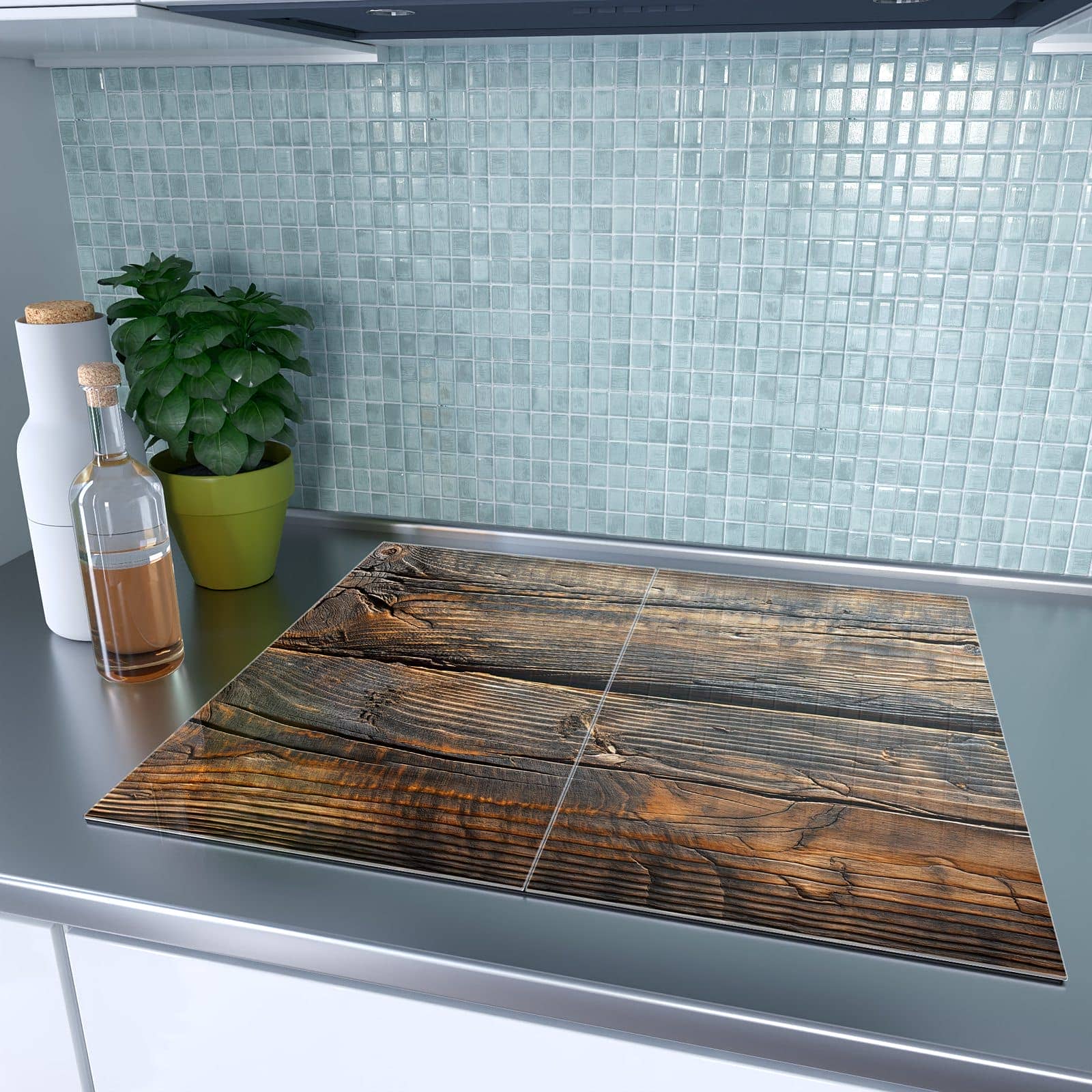 2-teilige Herdabdeckplatten aus Glas mit Holztextur Altholz-Motiv auf dem Ceranfeld