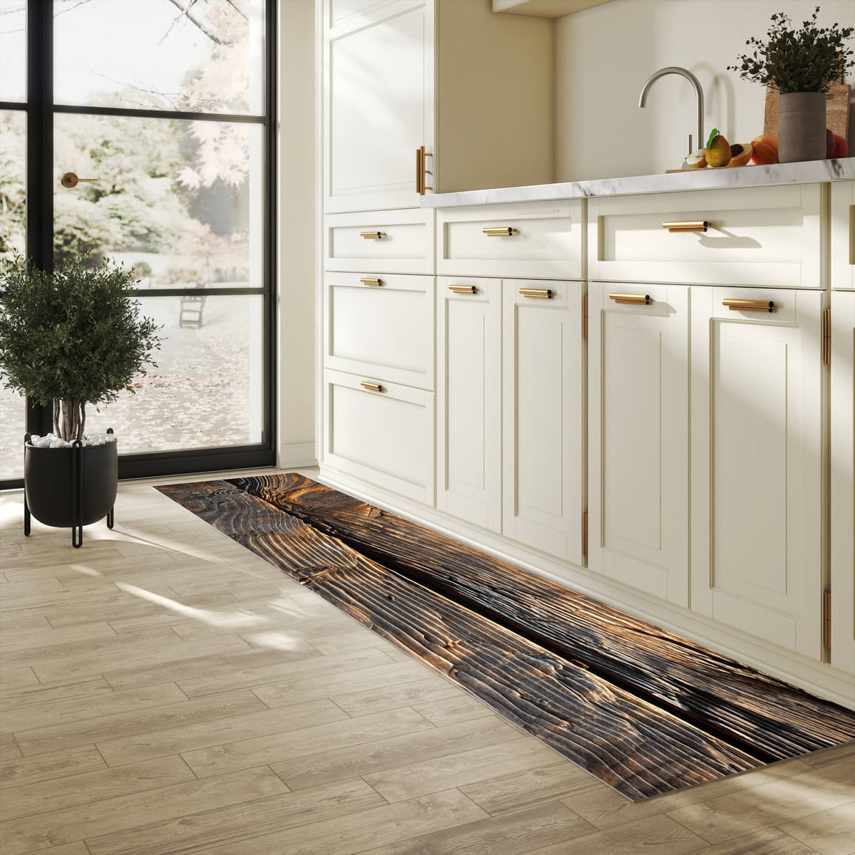Fleckenresistenter waschbarer Läufer mit Motiv Holztextur Altholz in heller Küche