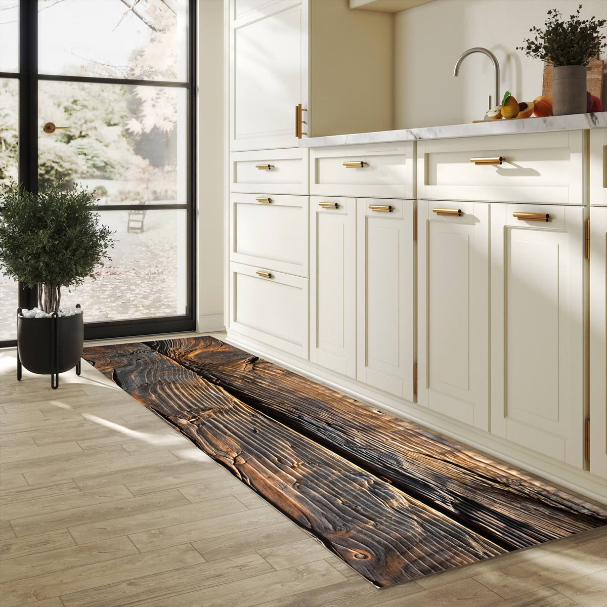 Pflegeleichter dünner Teppich mit Motiv Holztextur Altholz in heller Küche