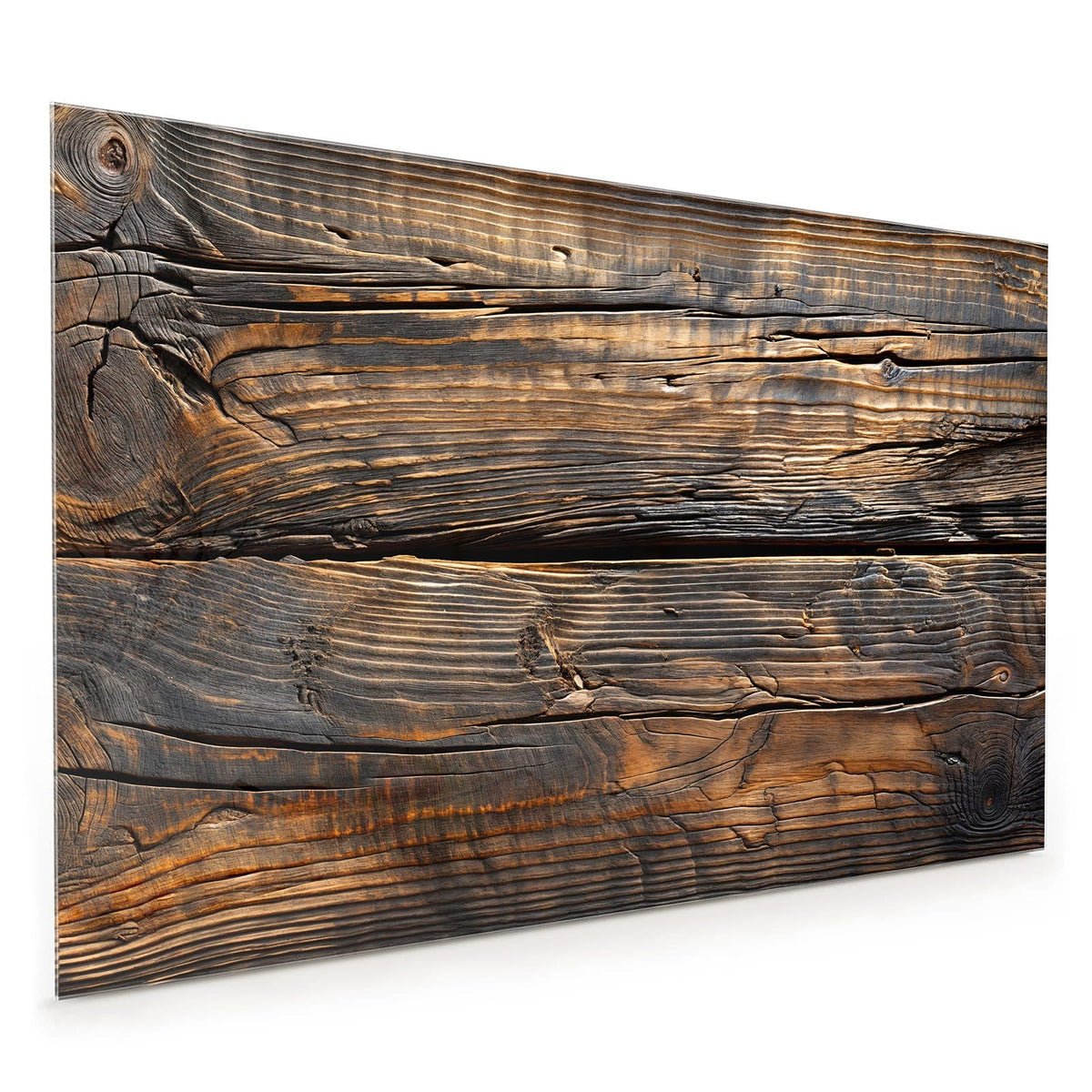 Küchenrückwand aus Glas im Hochformat mit Motiv Rissiges Altholz: Zwei breite, dunkelbraune Bohlen mit goldbrauner Maserung und einem langen Riss