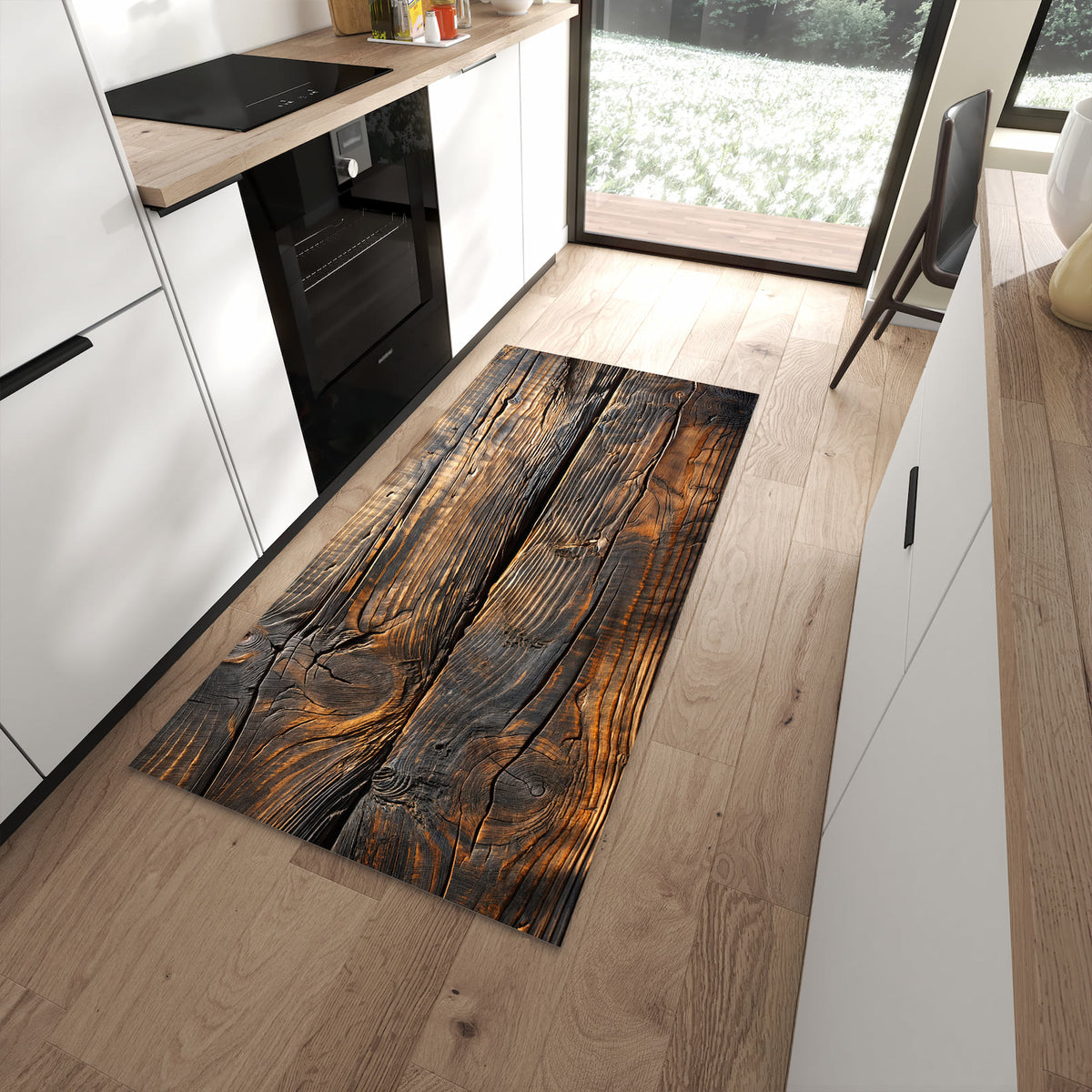 Pflegeleichter Küchenläufer mit Motiv Holztextur Altholz in moderner Küche
