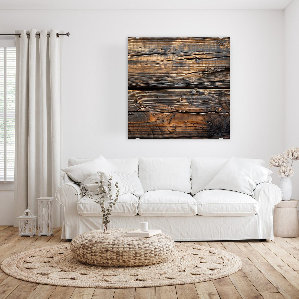 Glasbild Rissiges Altholz an der Wand – Zwei breite, dunkelbraune Bohlen mit goldbrauner Maserung und einem langen Riss