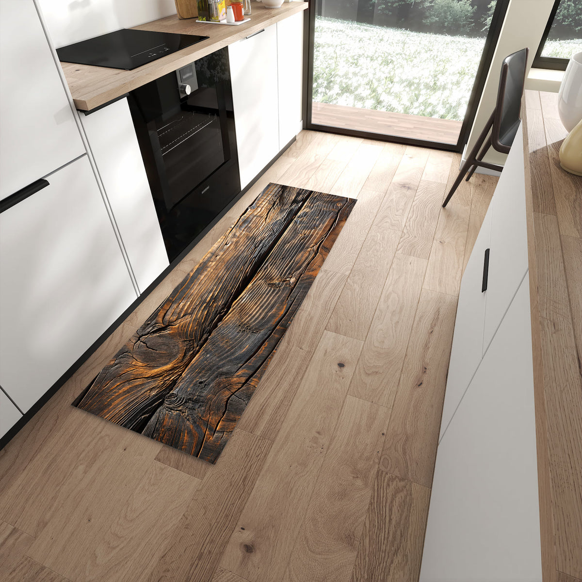 Wasserabweisender Teppich für Küche mit Motiv Holztextur Altholz in moderner Küche
