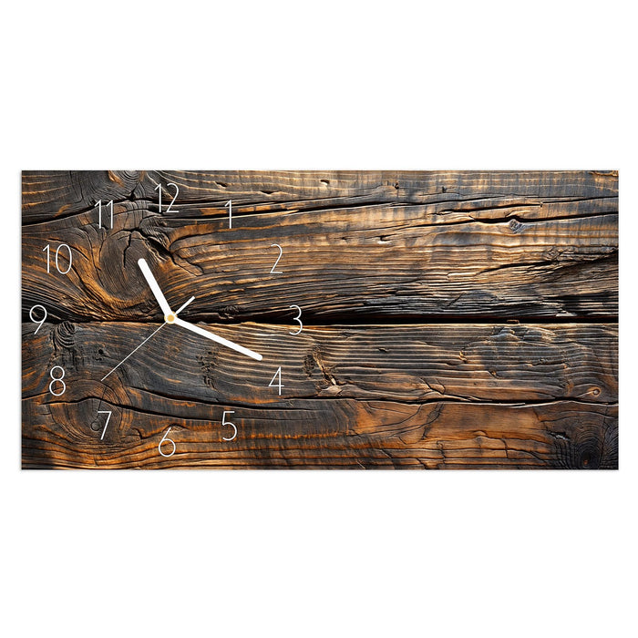 Wanduhr Holztextur Altholz aus Glas – Querformat 60 × 30 cm mit Ziffernblatt Elegant
