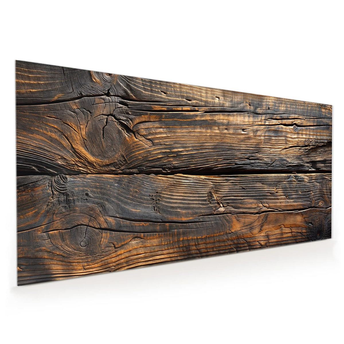 Küchenrückwand aus Glas im Hochformat mit Motiv Rissiges Altholz: Zwei breite, dunkelbraune Bohlen mit goldbrauner Maserung und einem langen Riss