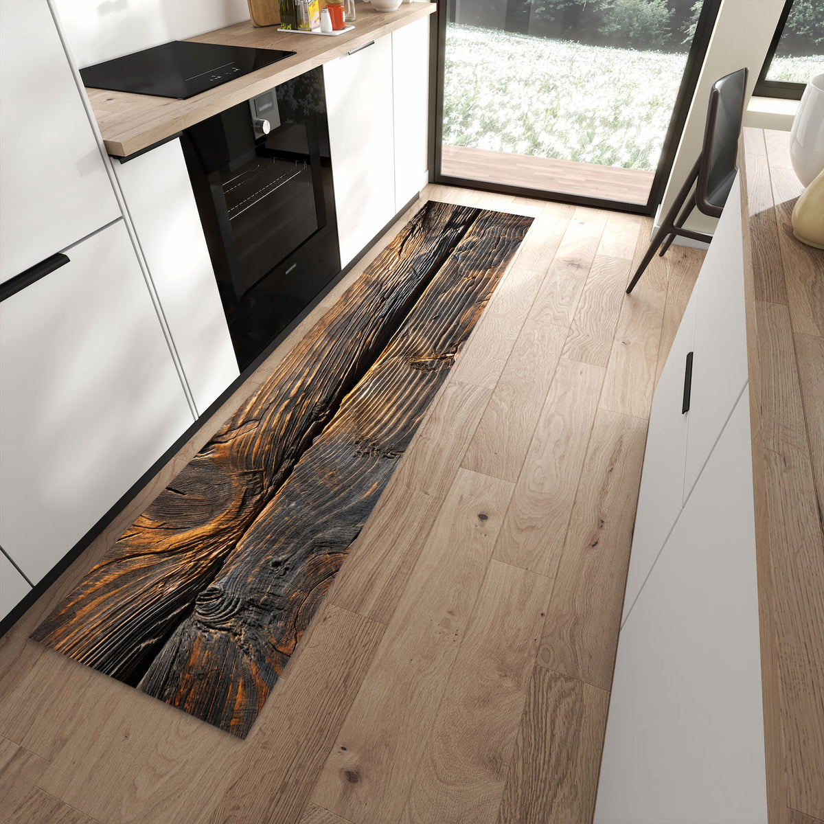 Schmutzabweisender Teppich für die Küche mit Motiv Holztextur Altholz in moderner Küche