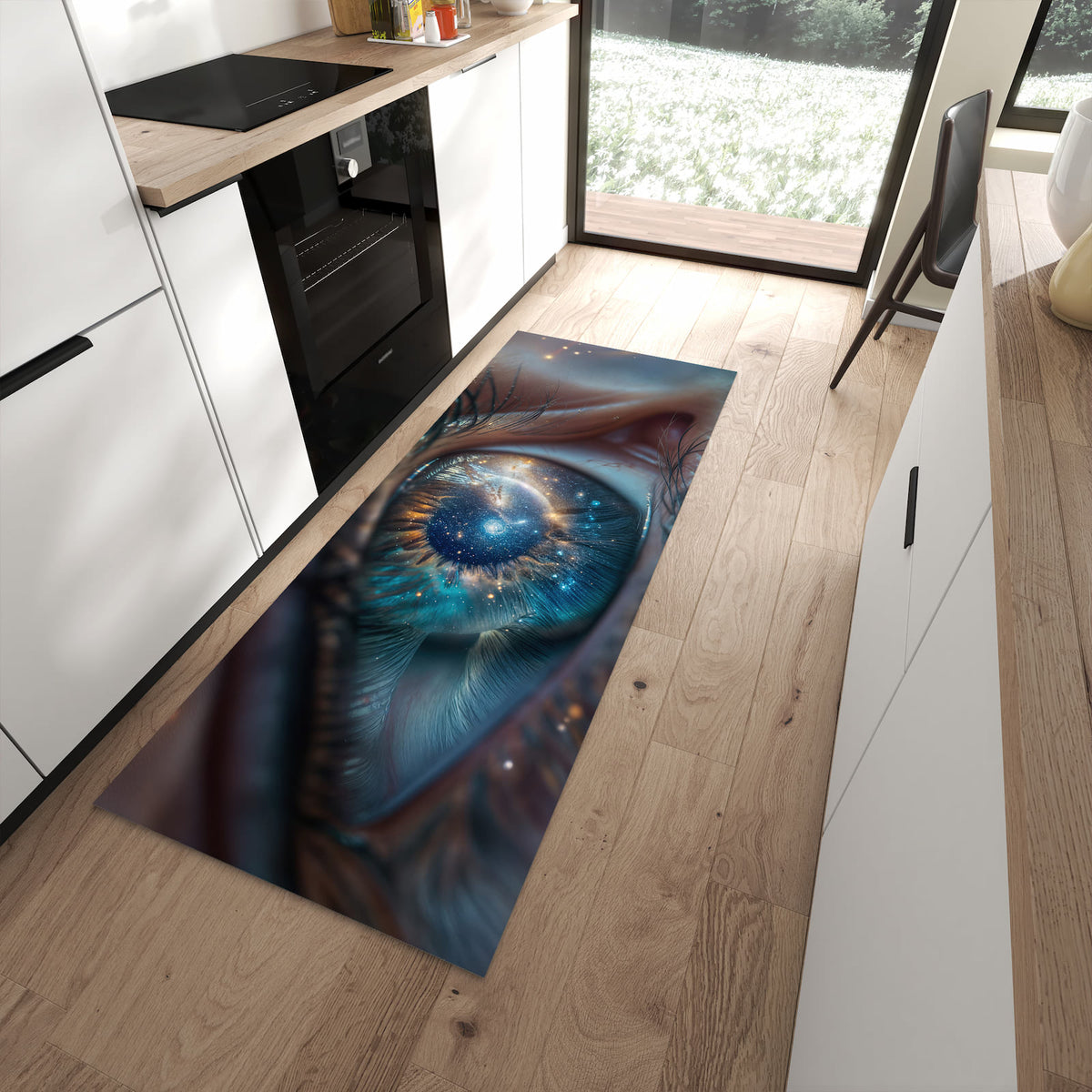 Farbbeständiger Küchenläufer mit Motiv Galaxie im Auge in moderner Küche