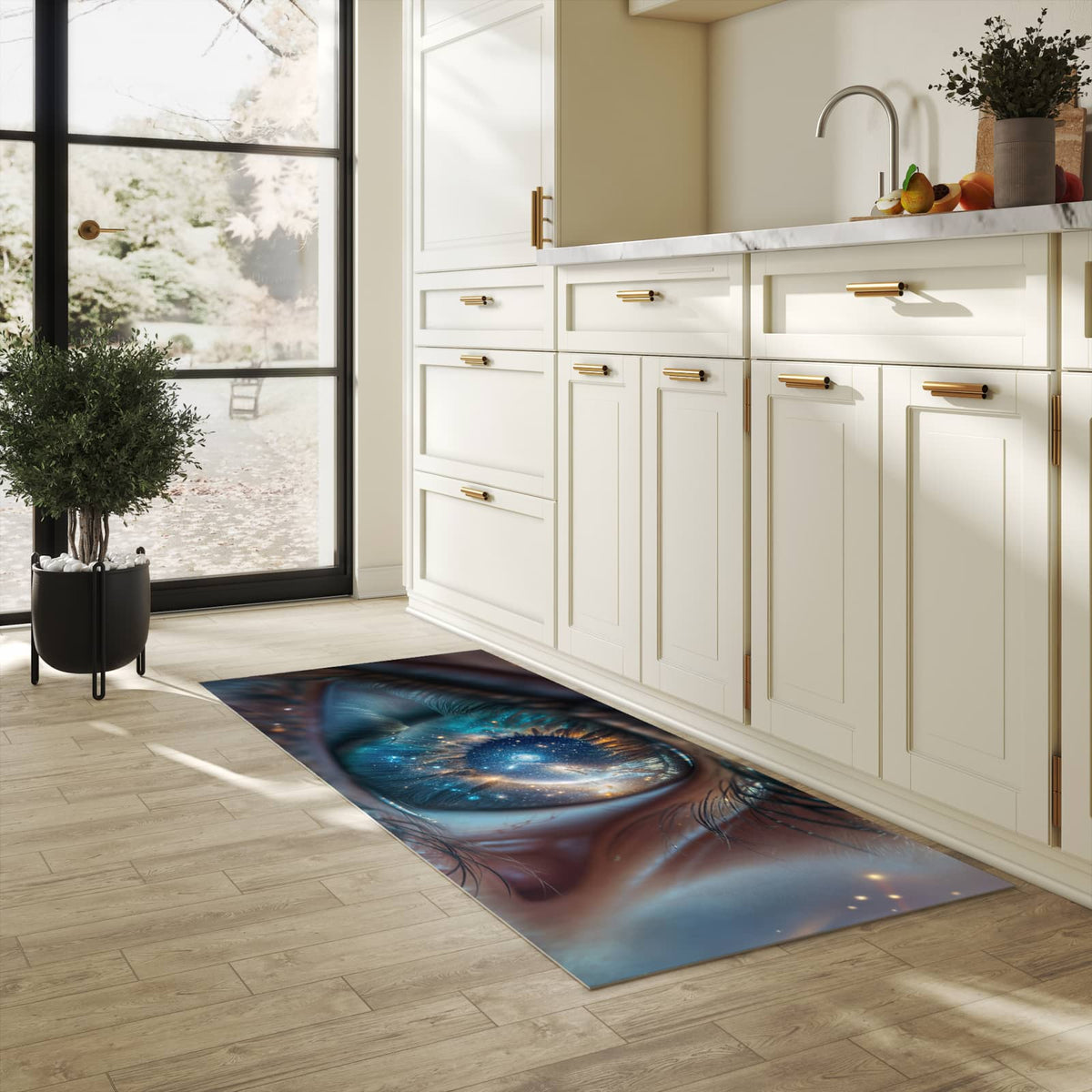 Küchenteppich mit Motiv Galaxie im Auge für Ordnung & Übersicht in heller Küche