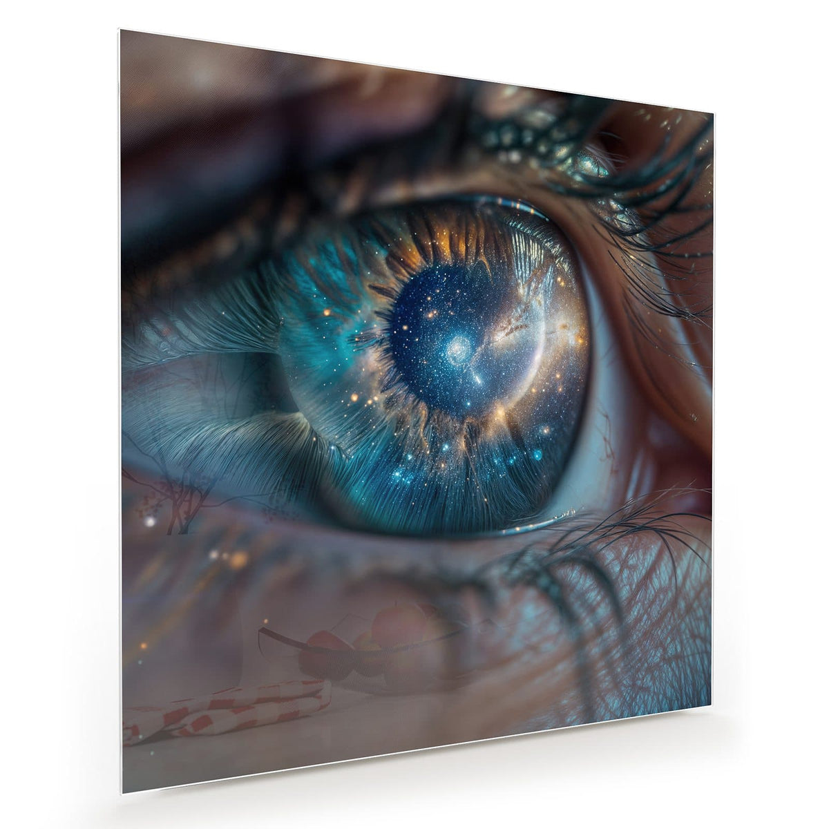 Makro eines menschlichen Auges, in der Iris ein blau-goldener Sternennebel