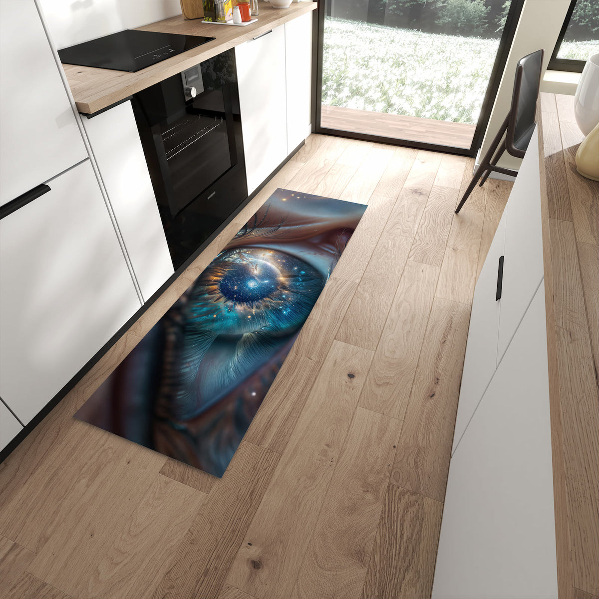 Rutschfester Küchenläufer mit Motiv Galaxie im Auge in moderner Küche