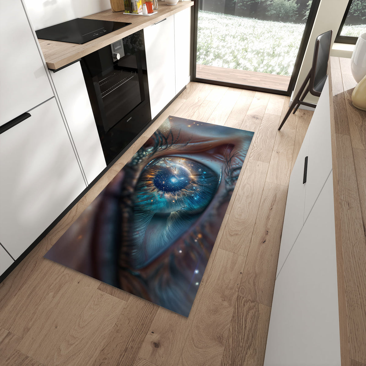 Geräuschdämpfender abwaschbarer Küchenläufer mit Motiv Galaxie im Auge in moderner Küche