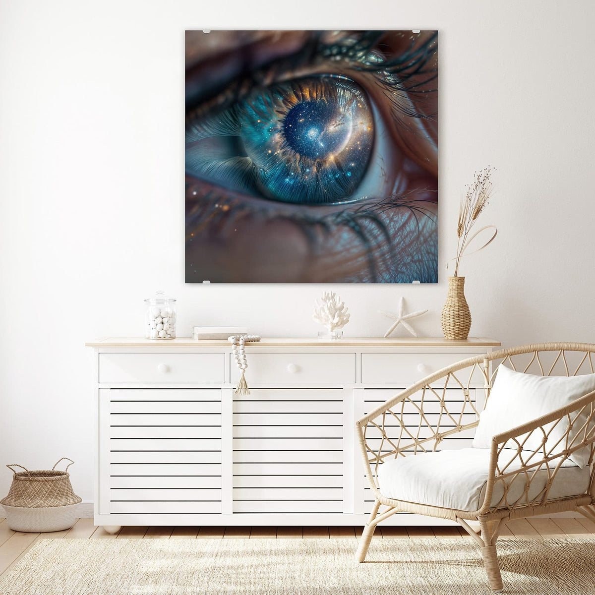 Glasbild Galaxie im Auge an der Wand – Makro eines menschlichen Auges, in der Iris ein blau-goldener Sternennebel