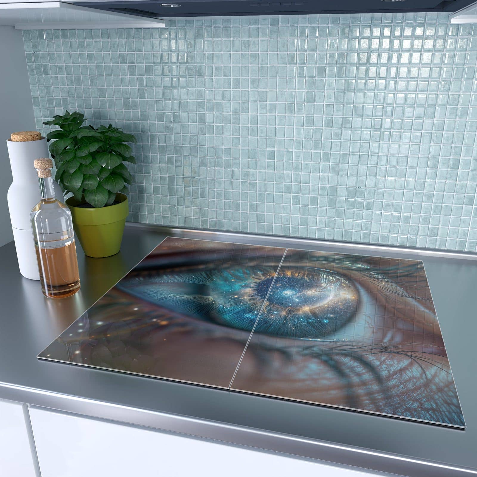 2-teilige Herdabdeckplatten für Ceranfeld mit Galaxie im Auge-Motiv in moderner Küche