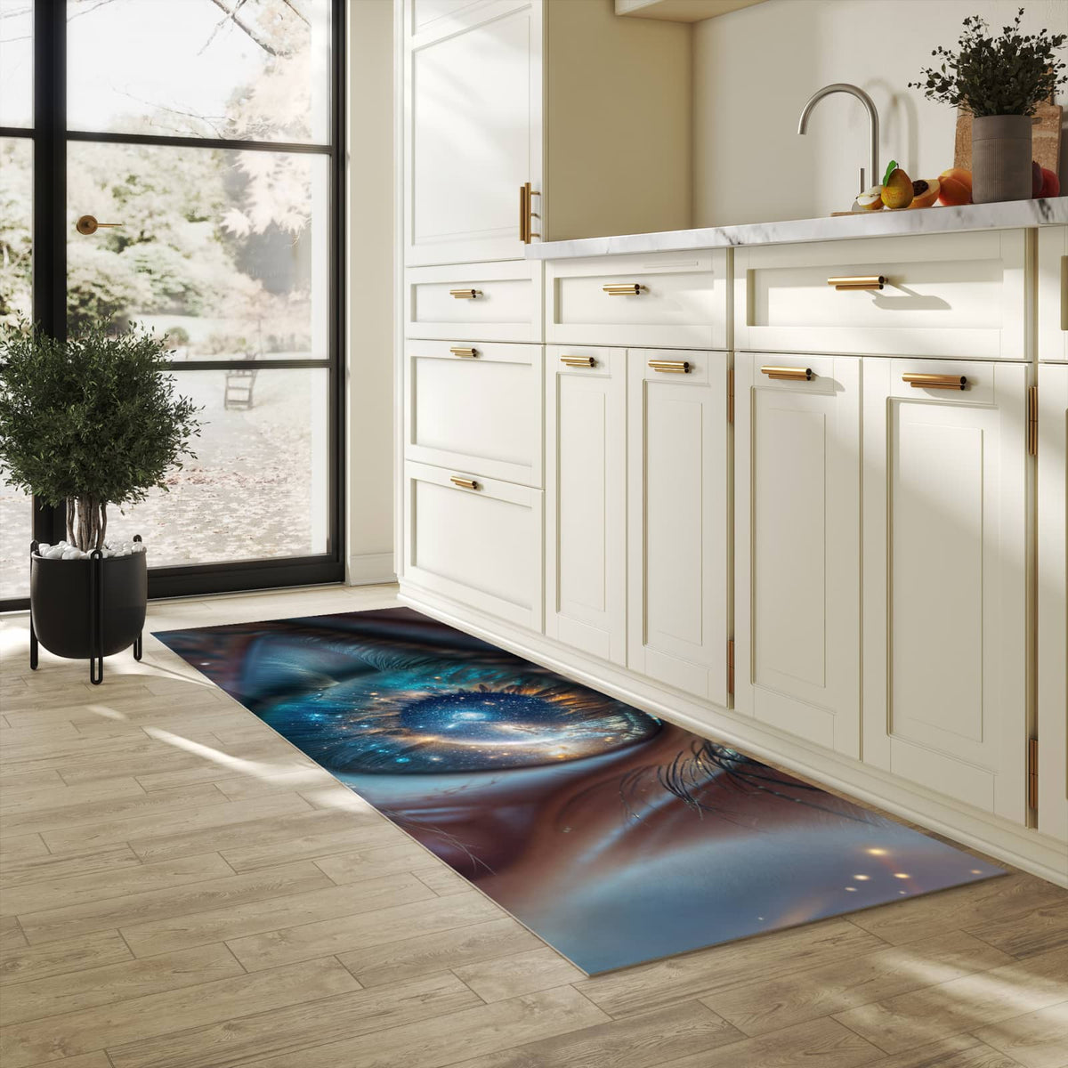 Bodenschonender Küchenteppich mit Motiv Galaxie im Auge in heller Küche