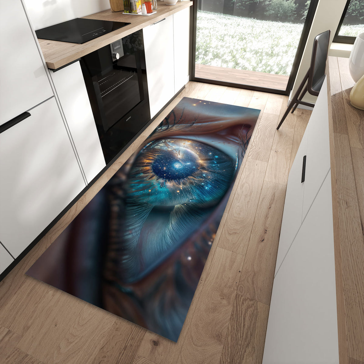 Abriebfester Küchenteppich mit Motiv Galaxie im Auge in moderner Küche