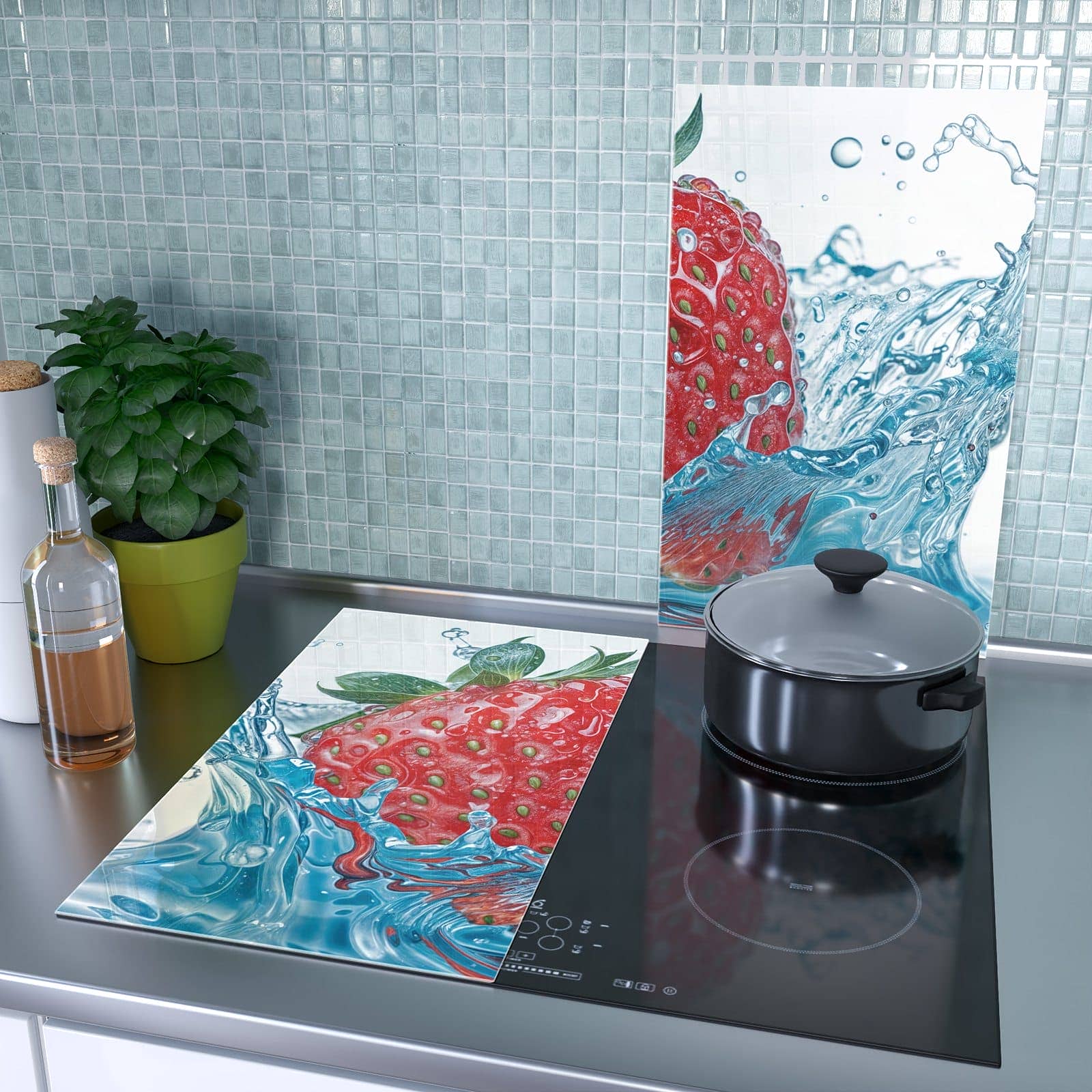 2-teilige Herdabdeckplatten aus Glas mit Erdbeere Spritzer-Motiv als Spritzschutz hinter dem Kochfeld