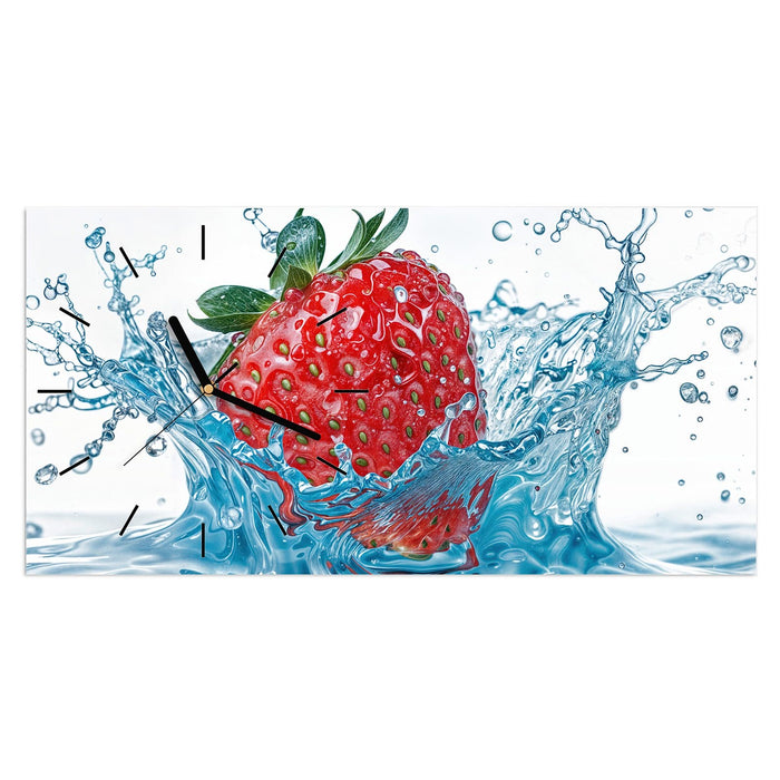 Wanduhr Erdbeere Spritzer aus Glas – Querformat 60 × 30 cm mit Ziffernblatt Linie