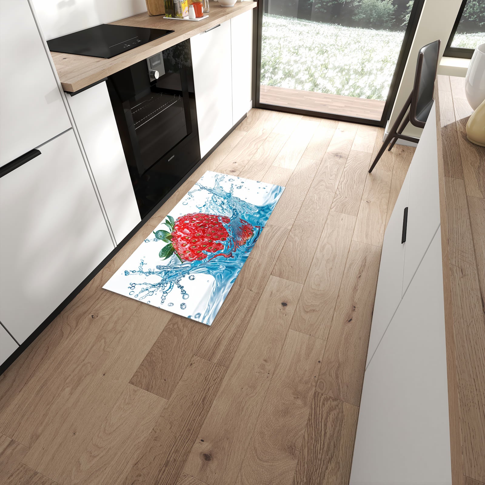 Rutschfester Küchenläufer mit Motiv Erdbeere Splash in moderner Küche #grösse_60 x 120 cm