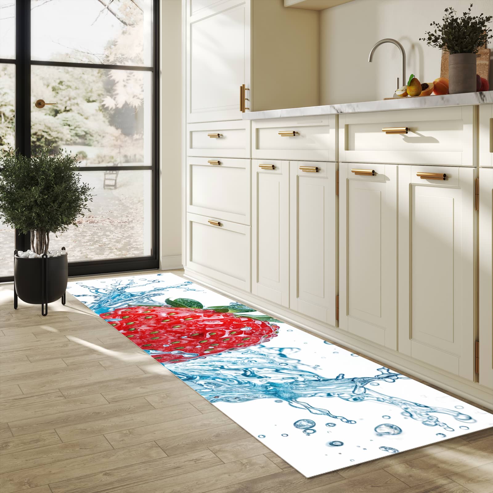 Zeitsparender großer Küchenteppich mit Motiv Erdbeere Splash in heller Küche