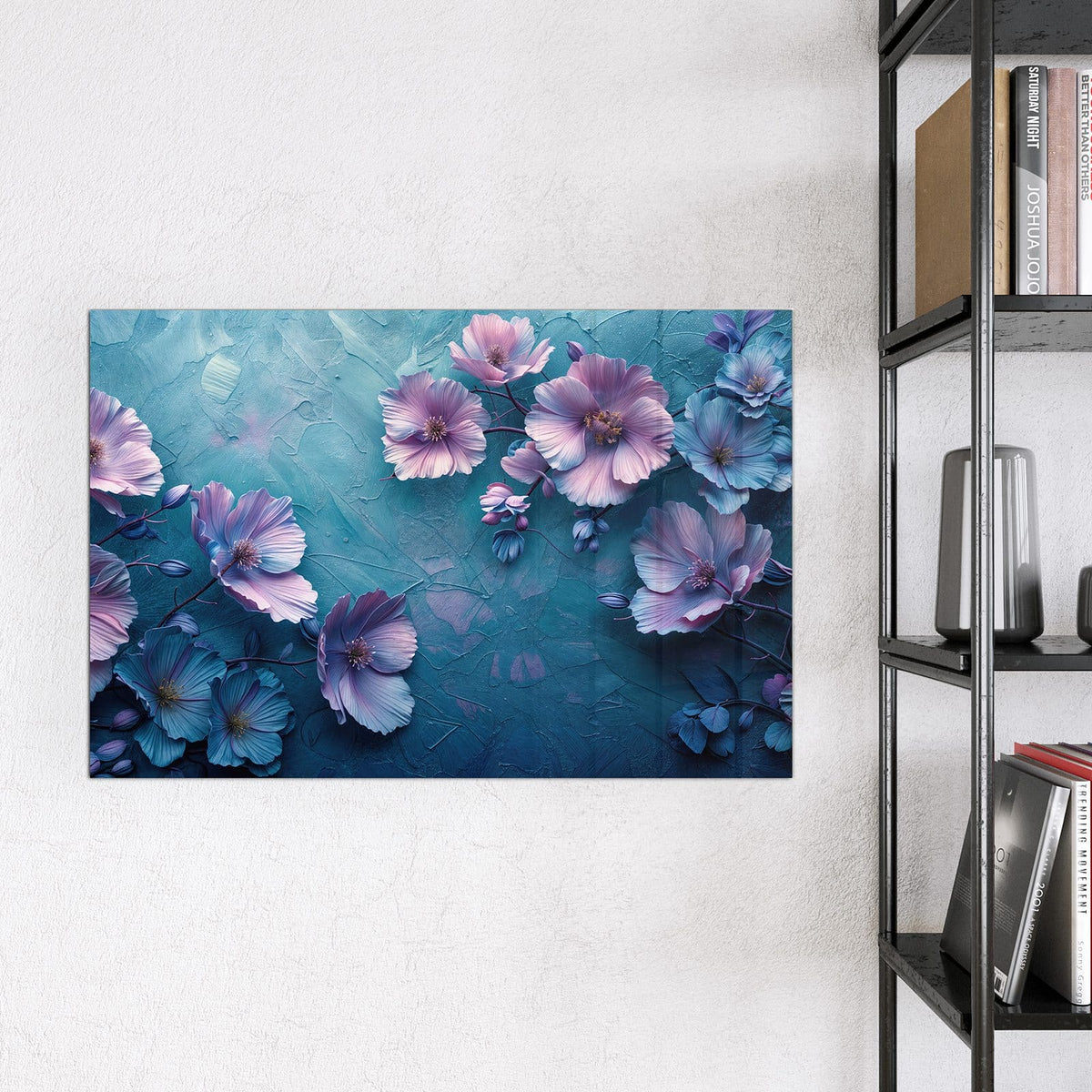 Magnettafel - Malven auf Türkis – Blaue und violette Blüten auf Aqua