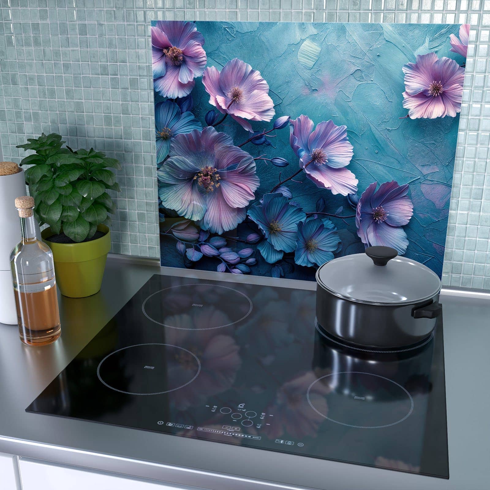 1-teilige Abdeckplatten für Ceranfeld mit Blumenmuster-Motiv als Spritzschutz hinter dem Kochfeld