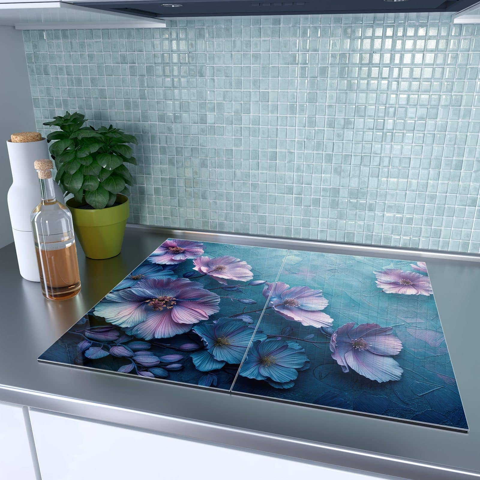 2-teilige Abdeckung für Herdplatten mit Blumenmuster-Motiv auf dem Ceranfeld