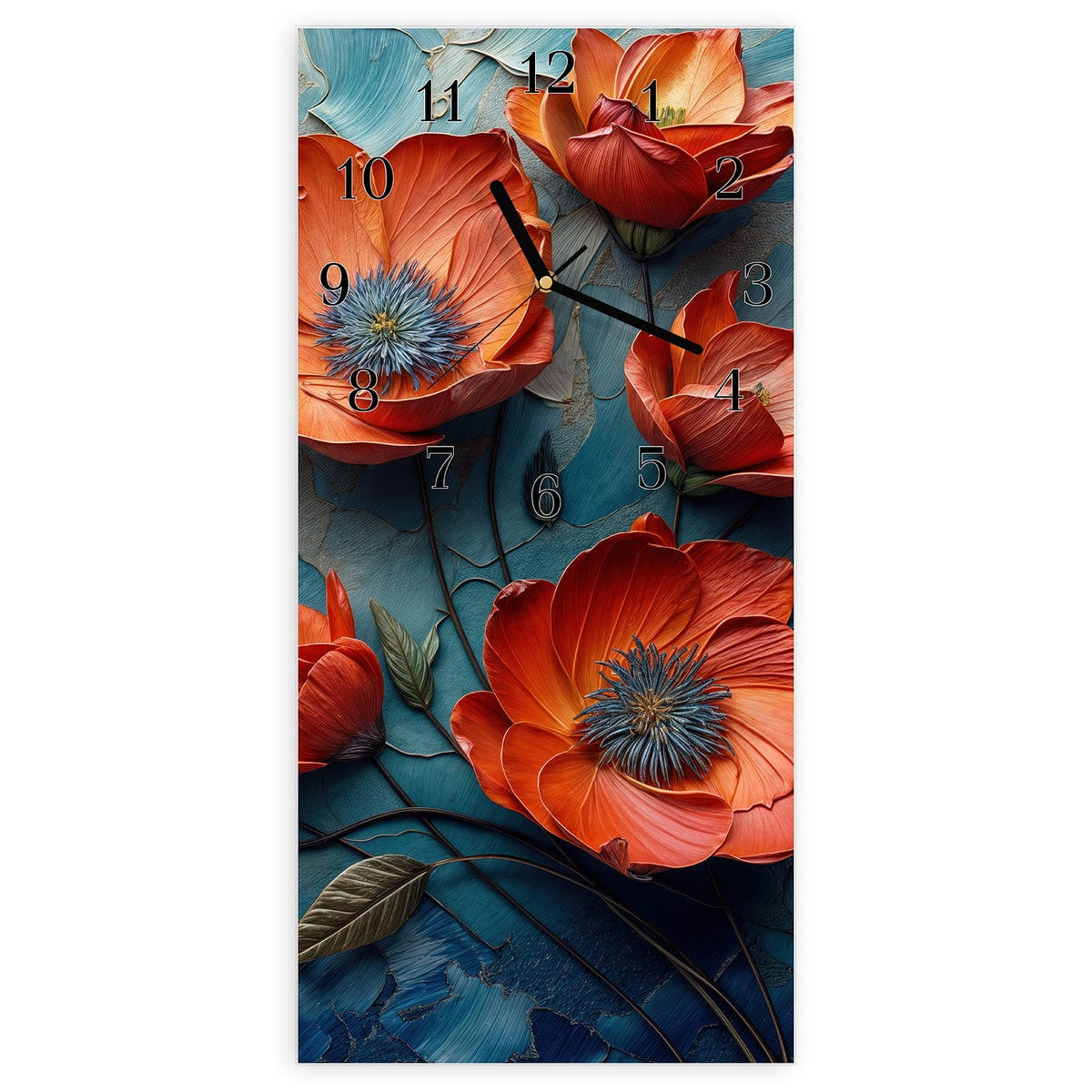 Wanduhr aus Glas, Ziffernblatt Klassisch: Orangerote Mohnblüten mit blauen Staubgefäßen auf pastos blau-cremefarbenem Untergrund #ziffernblatt_Klassisch