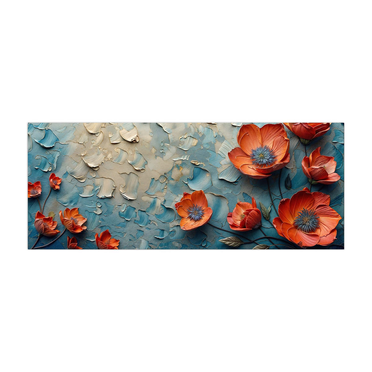 Küchenrückwand aus Glas Oranger Mohn auf Blau im Hochformat, Motiv bildfüllend von vorn