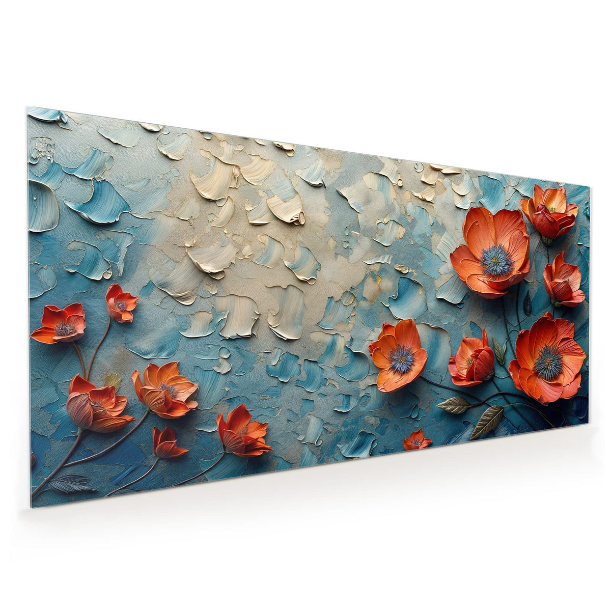 Küchenrückwand aus Glas im Hochformat: Orangerote Mohnblüten mit blauen Staubgefäßen auf pastos blau-cremefarbenem Untergrund