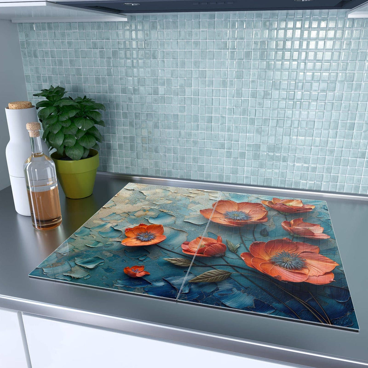 Herdabdeckplatte Oranger Mohn auf Blau – Orangeroter Mohn auf Blau-Creme