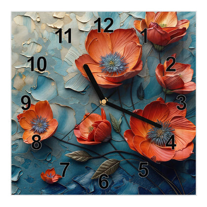 Wanduhr Quadratisch mit dem Motiv Oranger Mohn auf Blau