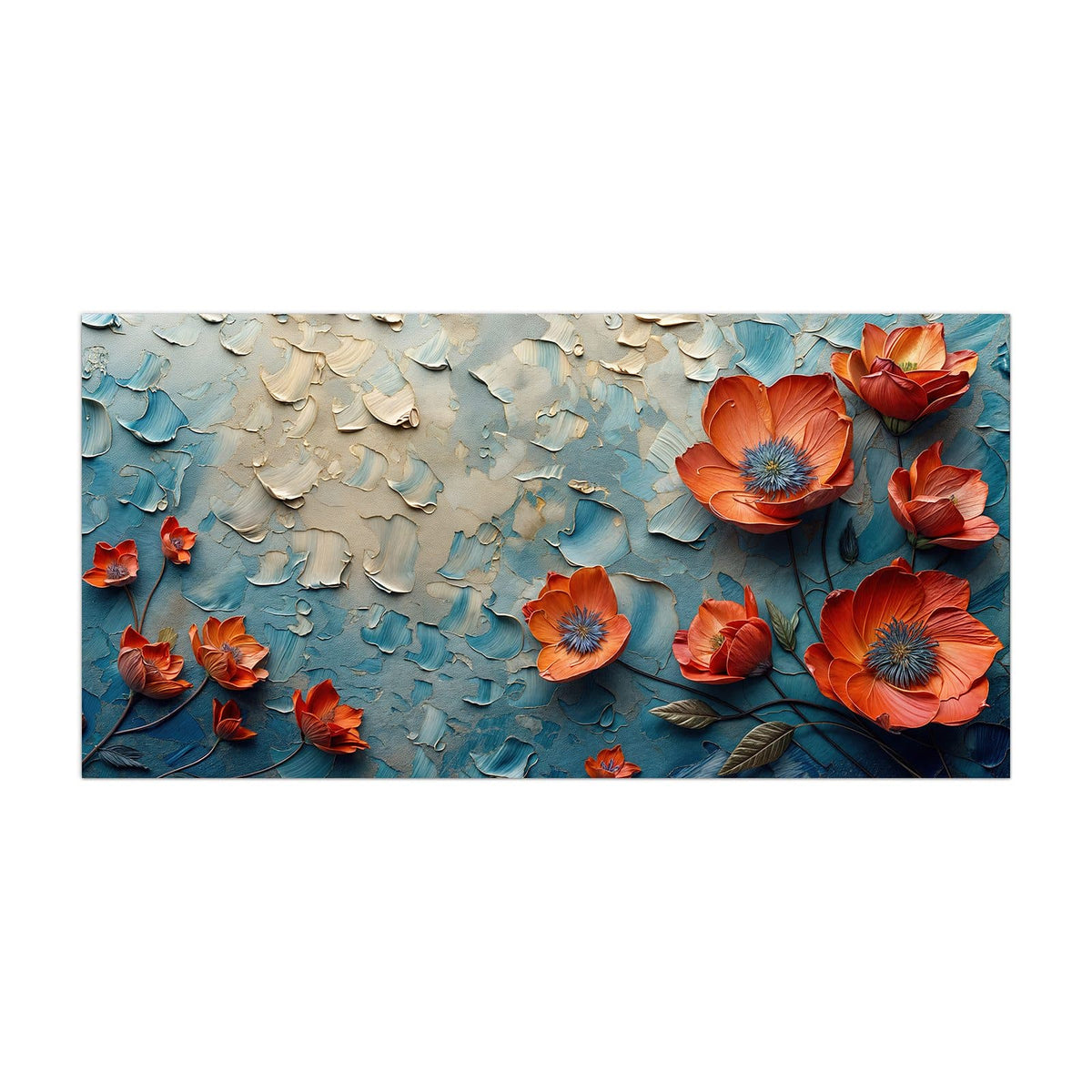 Küchenrückwand aus Glas Oranger Mohn auf Blau im Hochformat, Motiv bildfüllend von vorn