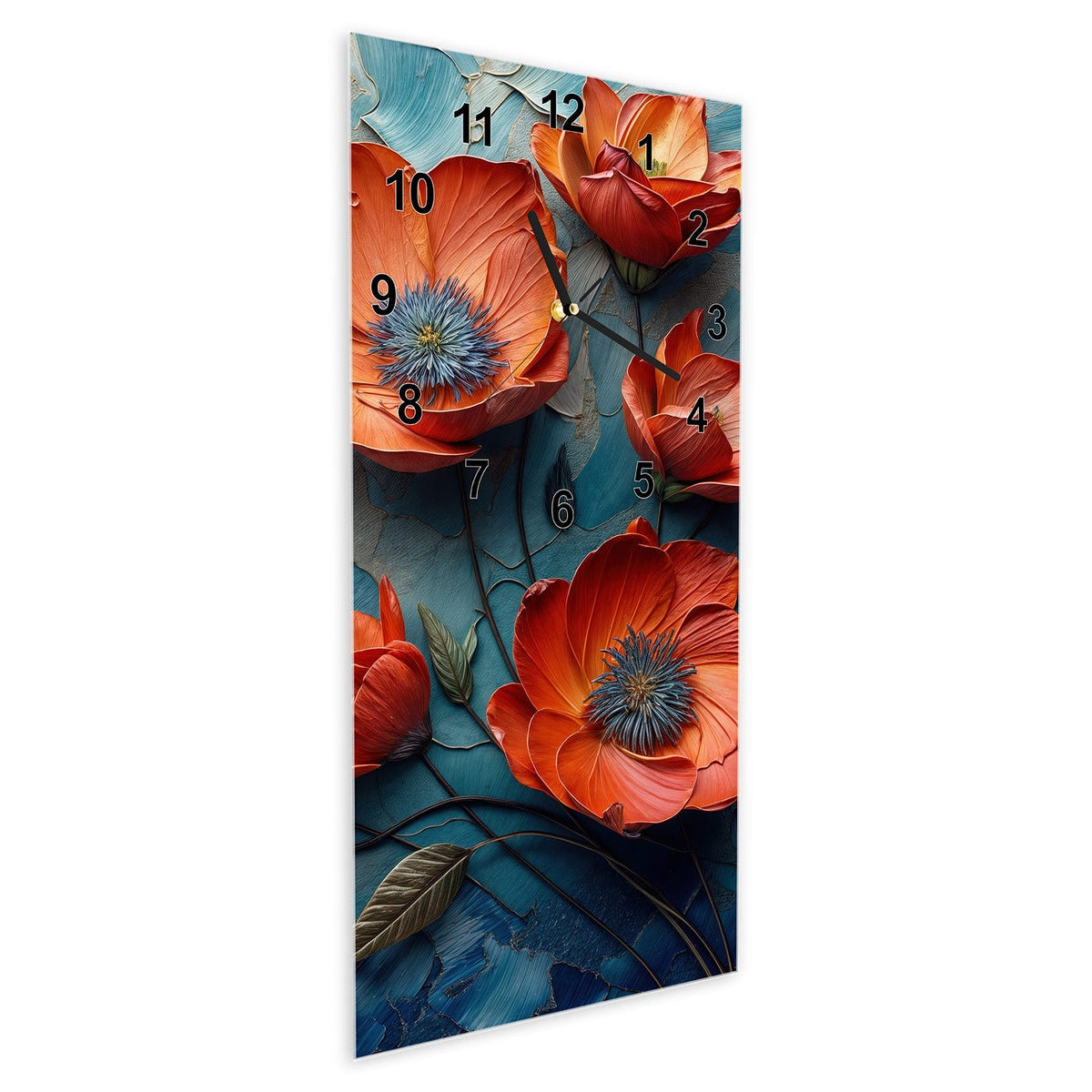 Wanduhr aus Glas im Hochformat Oranger Mohn auf Blau schräg von der Seite, 4 mm starkes Glas